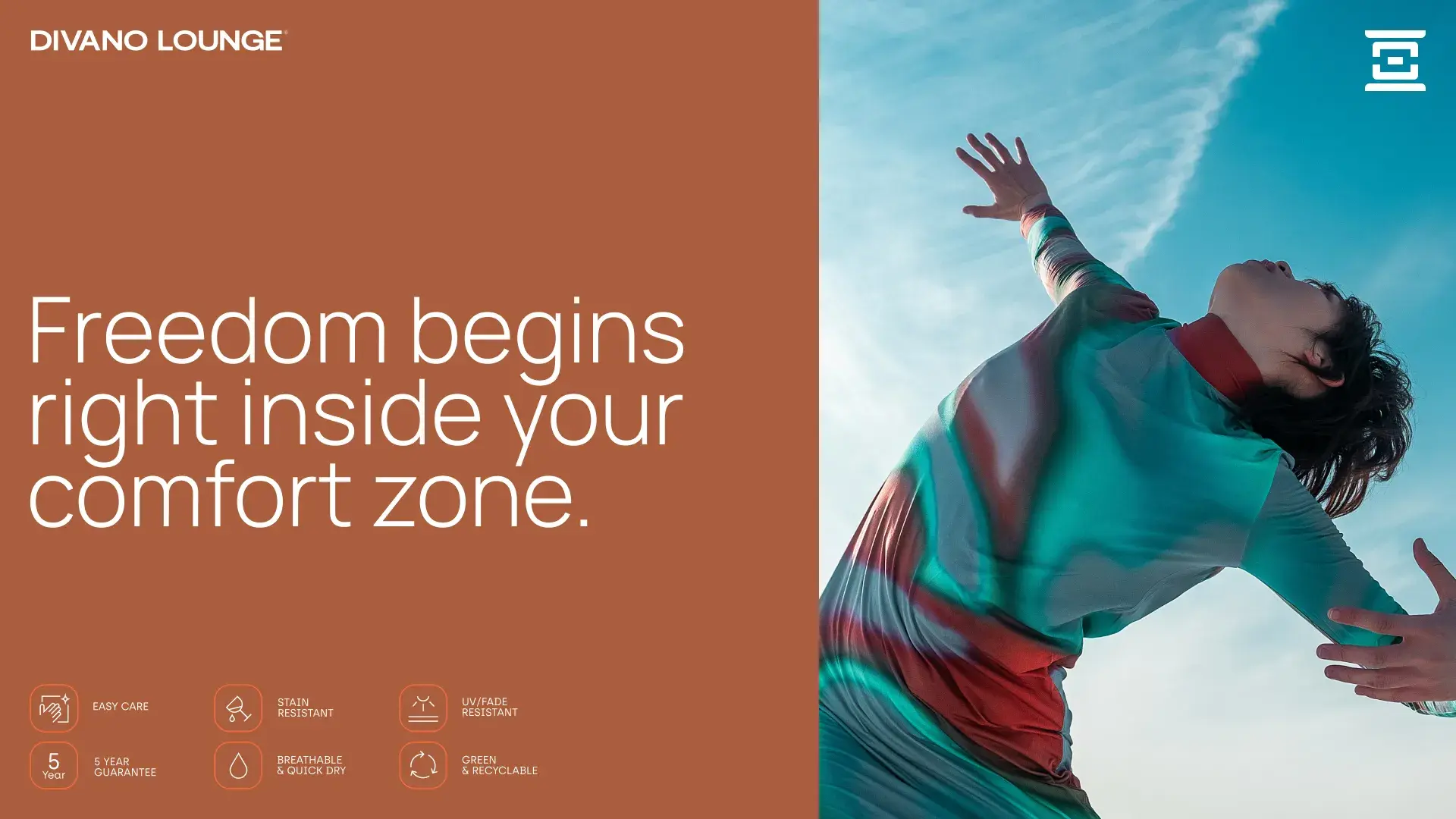 Person in colorful outfit stretching arms wide under blue sky, accompanied by the text: "Freedom begins right inside your comfort zone."
