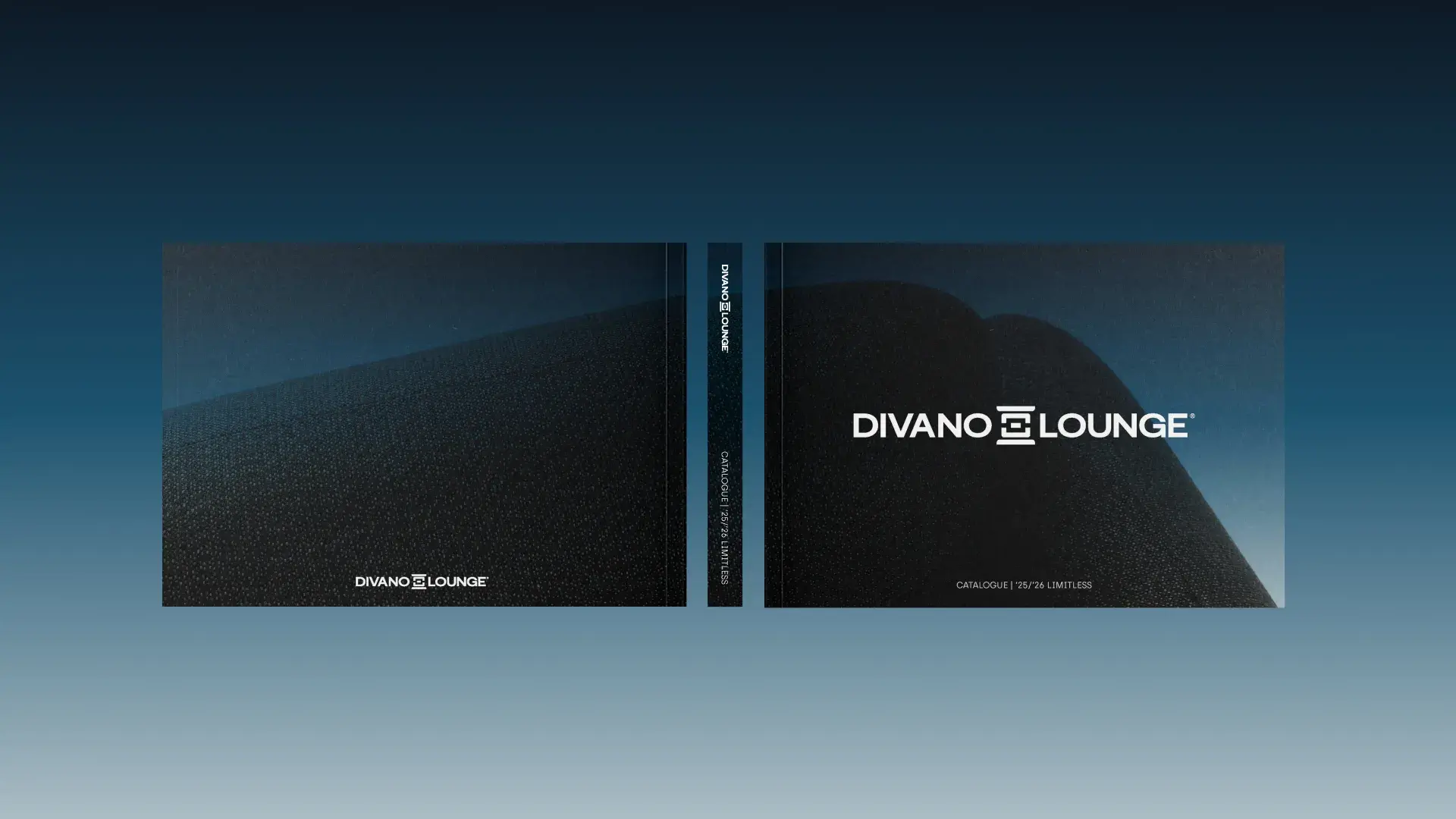 A catalog cover with the title "Divano Lounge." Features abstract dark shapes on a gradient background.