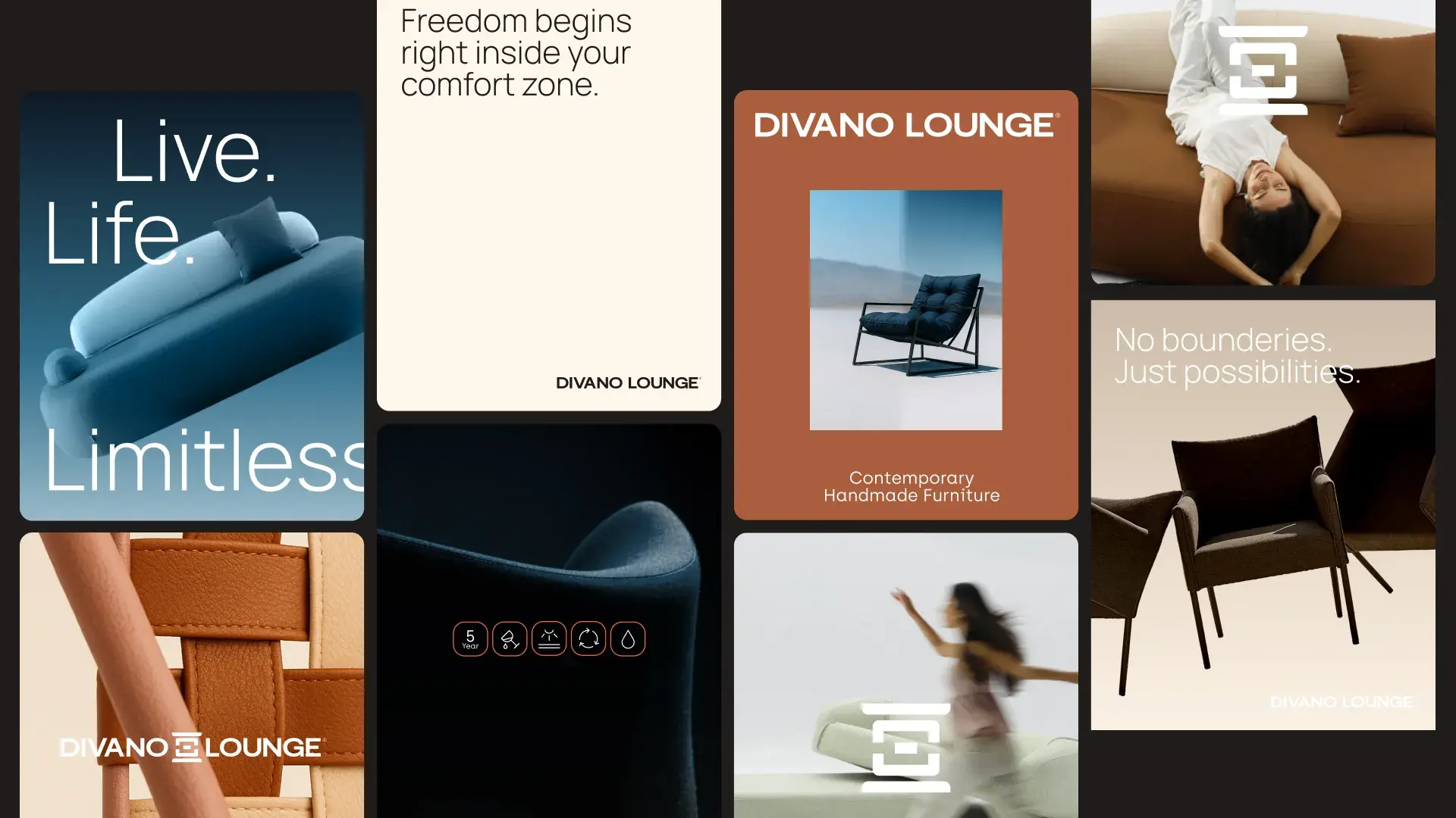 Collage of stylish Divano Lounge ads featuring modern furniture, with slogans like "Live. Life. Limitless." and "No boundaries. Just possibilities."