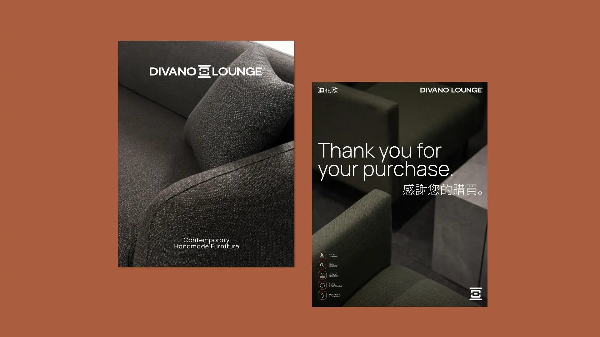 Two brochure covers for Divano Lounge featuring a close-up of a dark gray sofa and a "Thank you for your purchase" message in English and Chinese.