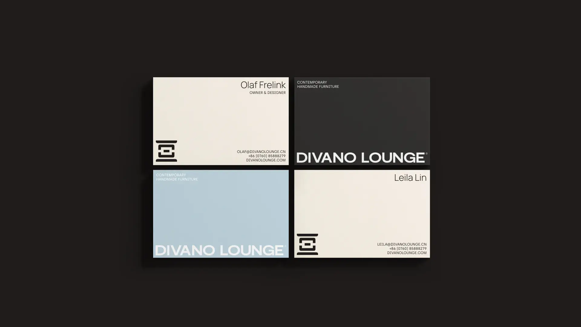 Four business cards for Divano Lounge, featuring different color schemes, names, and contact details. Each card includes a modern logo.