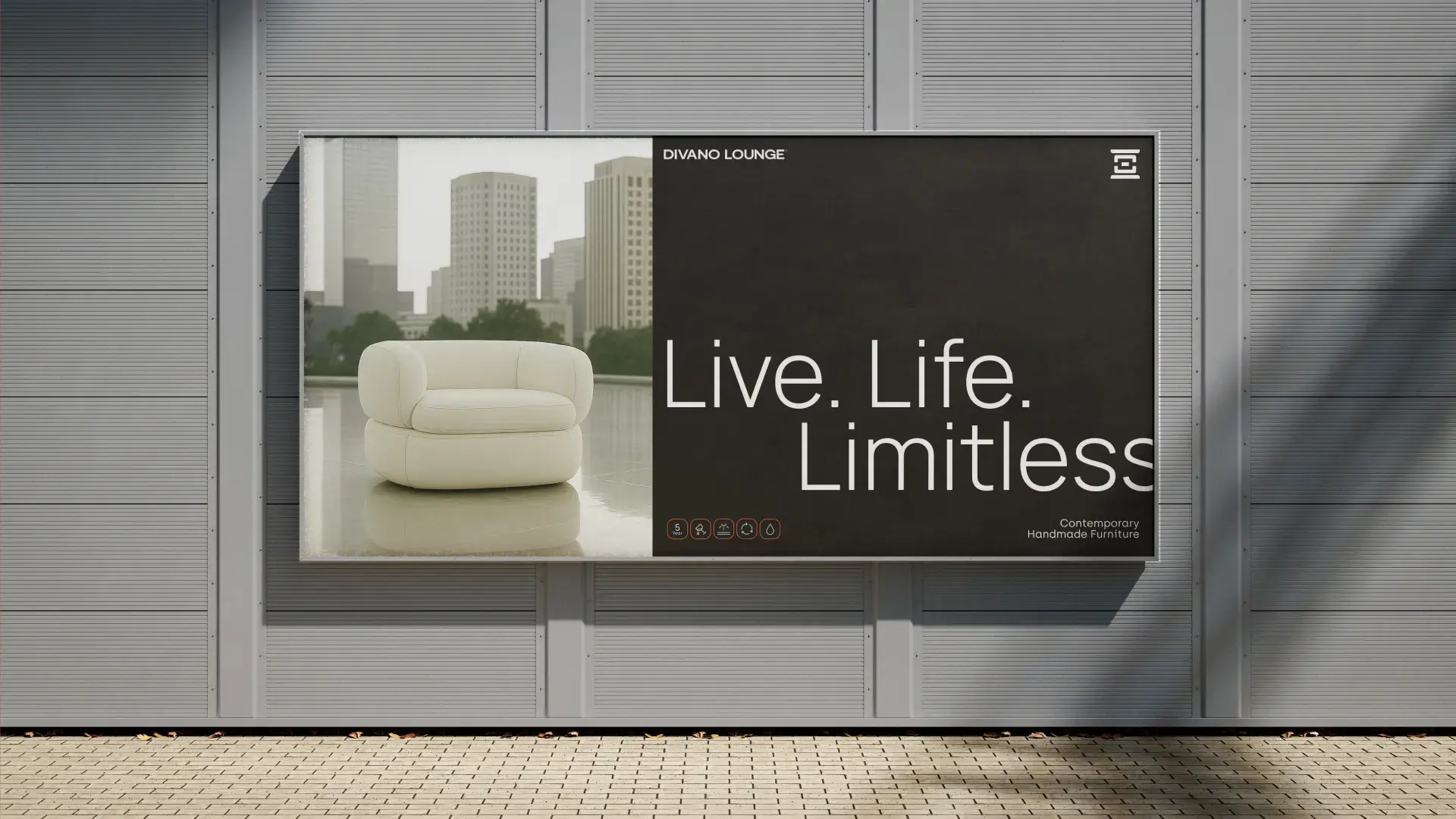 Billboard with a white chair, modern city buildings in the background, and text: "Live. Life. Limitless. Contemporary Handmade Furniture."