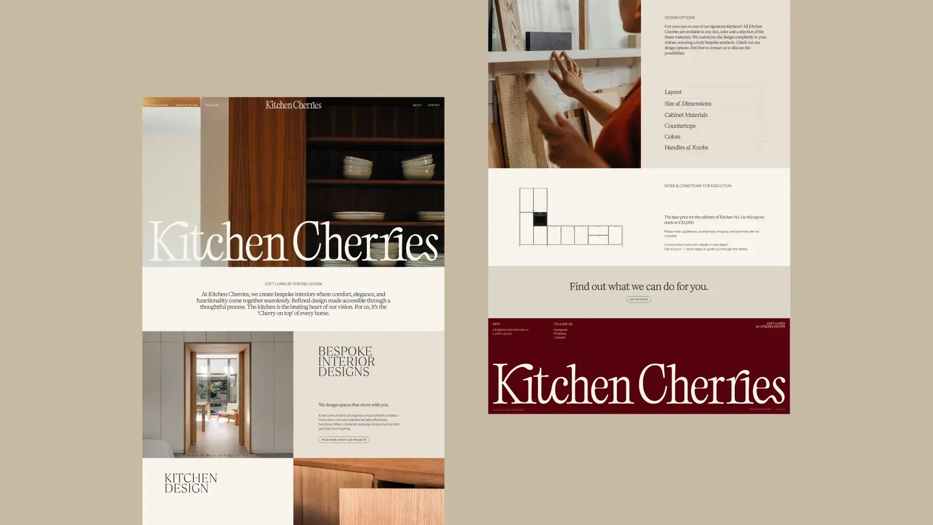 Split-screen webpage design for "Kitchen Cherries," featuring kitchen interiors, custom design services, and a person using a tablet.