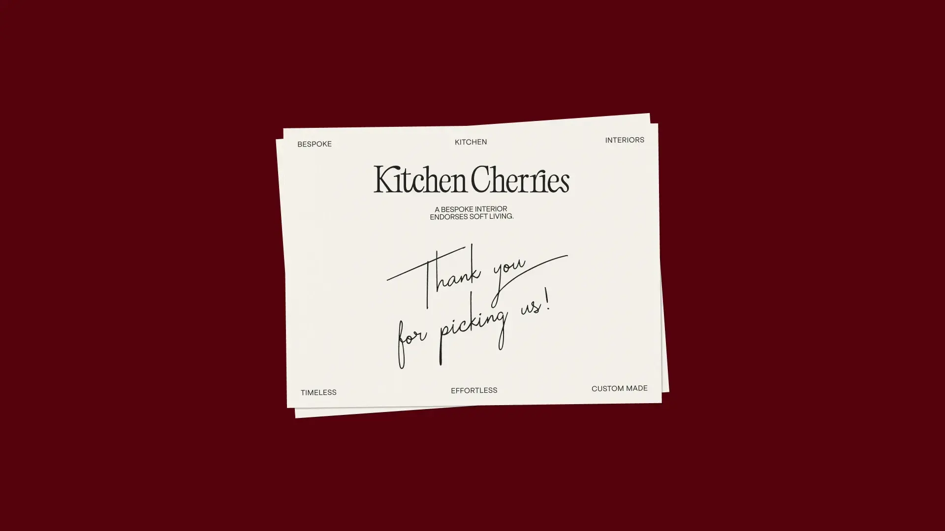 A thank-you card from "Kitchen Cherries" on a red background, with text expressing gratitude for choosing their bespoke interior design services.