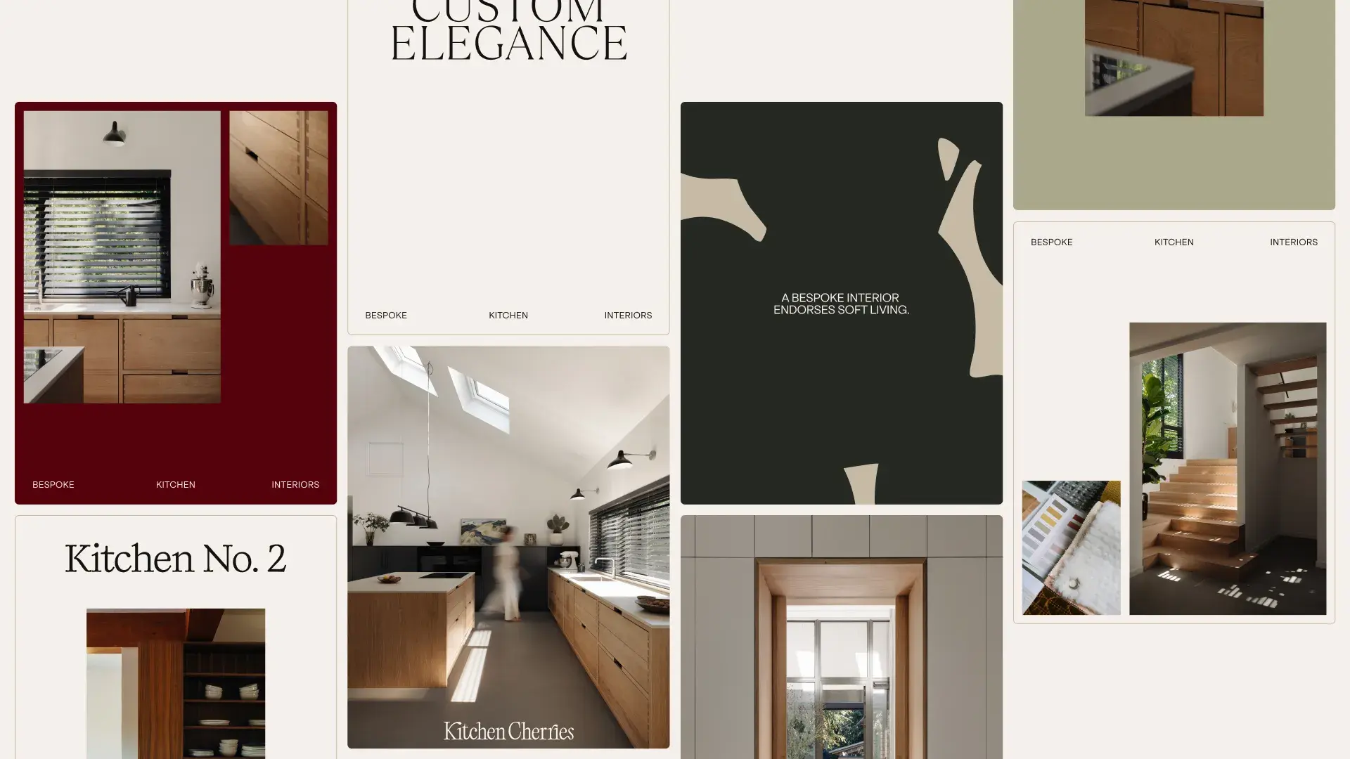 Collage of modern kitchen designs featuring wooden cabinets, large windows, and minimalist decor, with text highlighting bespoke interiors.