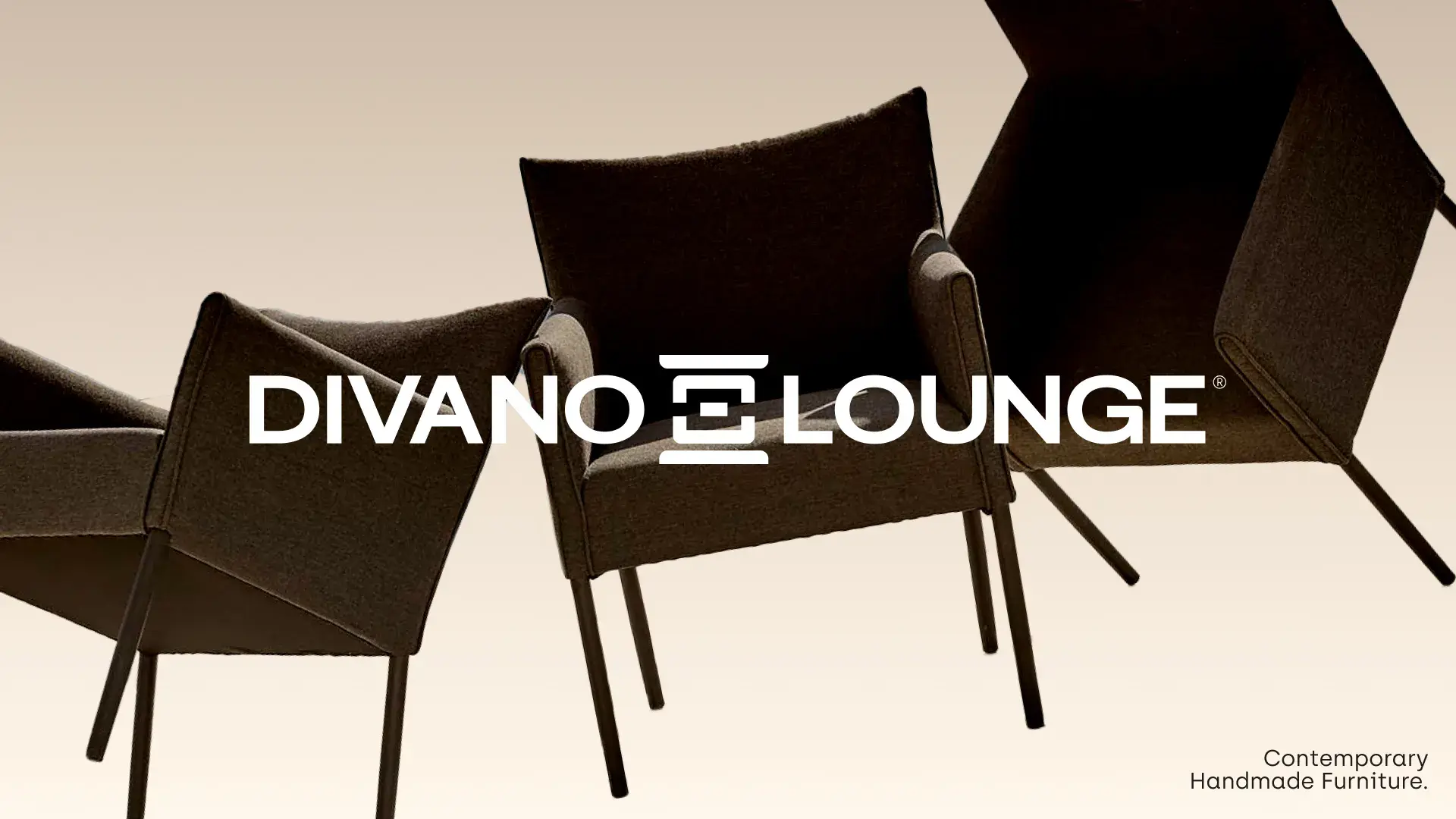 Three modern, dark fabric armchairs with slim metal legs; text: "DIVANO LOUNGE" centered, "Contemporary Handmade Furniture" at the bottom right.