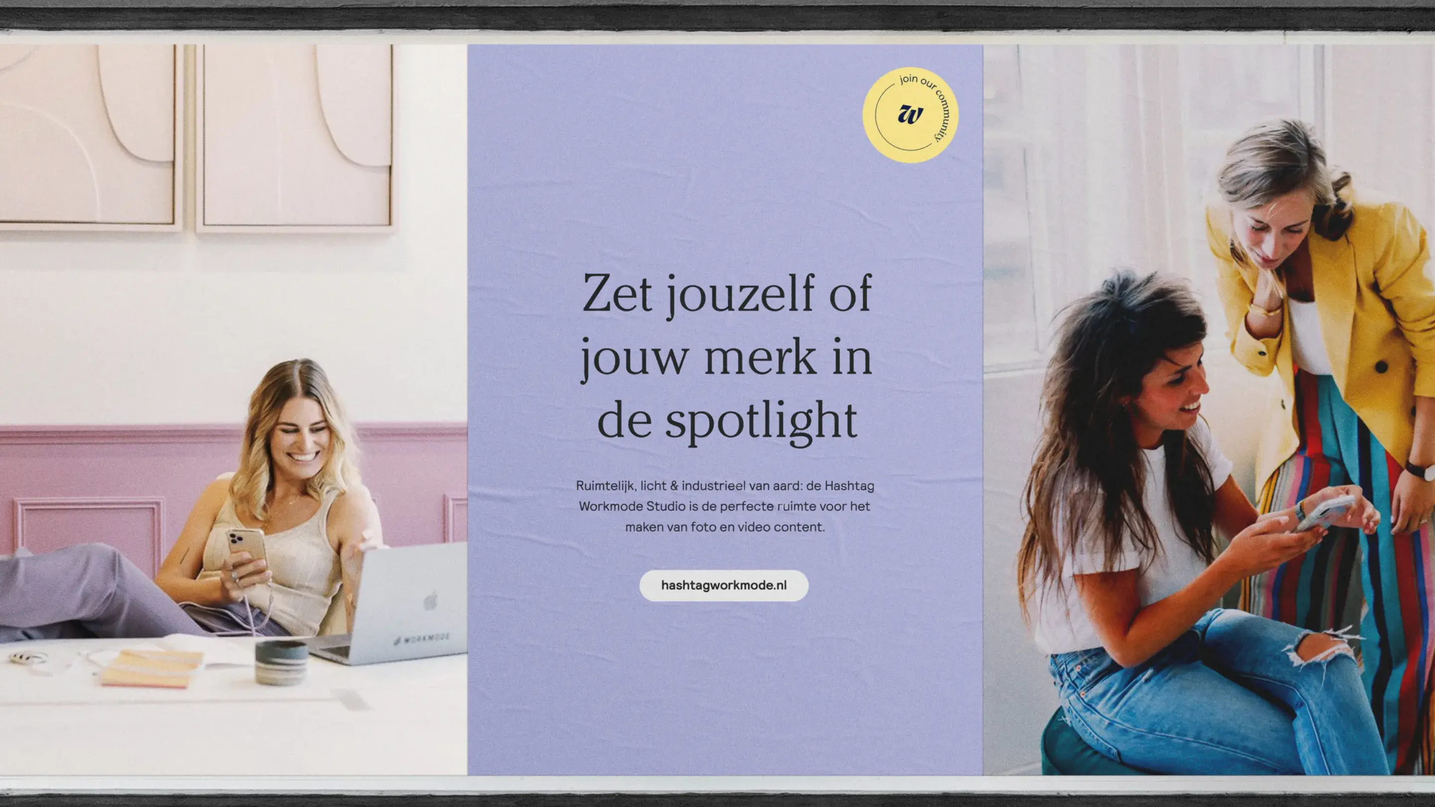 A bus shelter poster with three different posters for Workmode