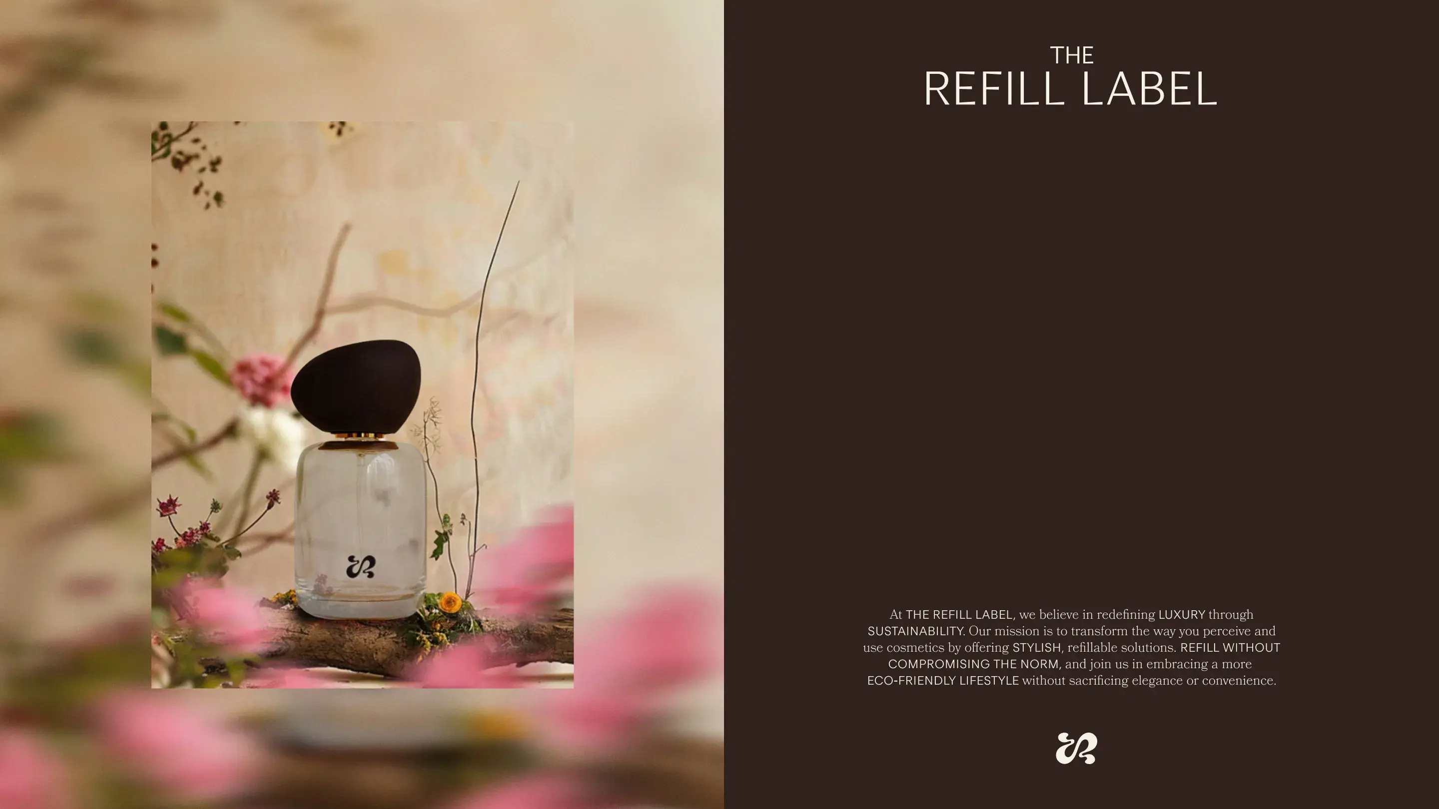 On the left a colorfull photo of fragrance bottle and on the right a dark background with The Refill Label text description