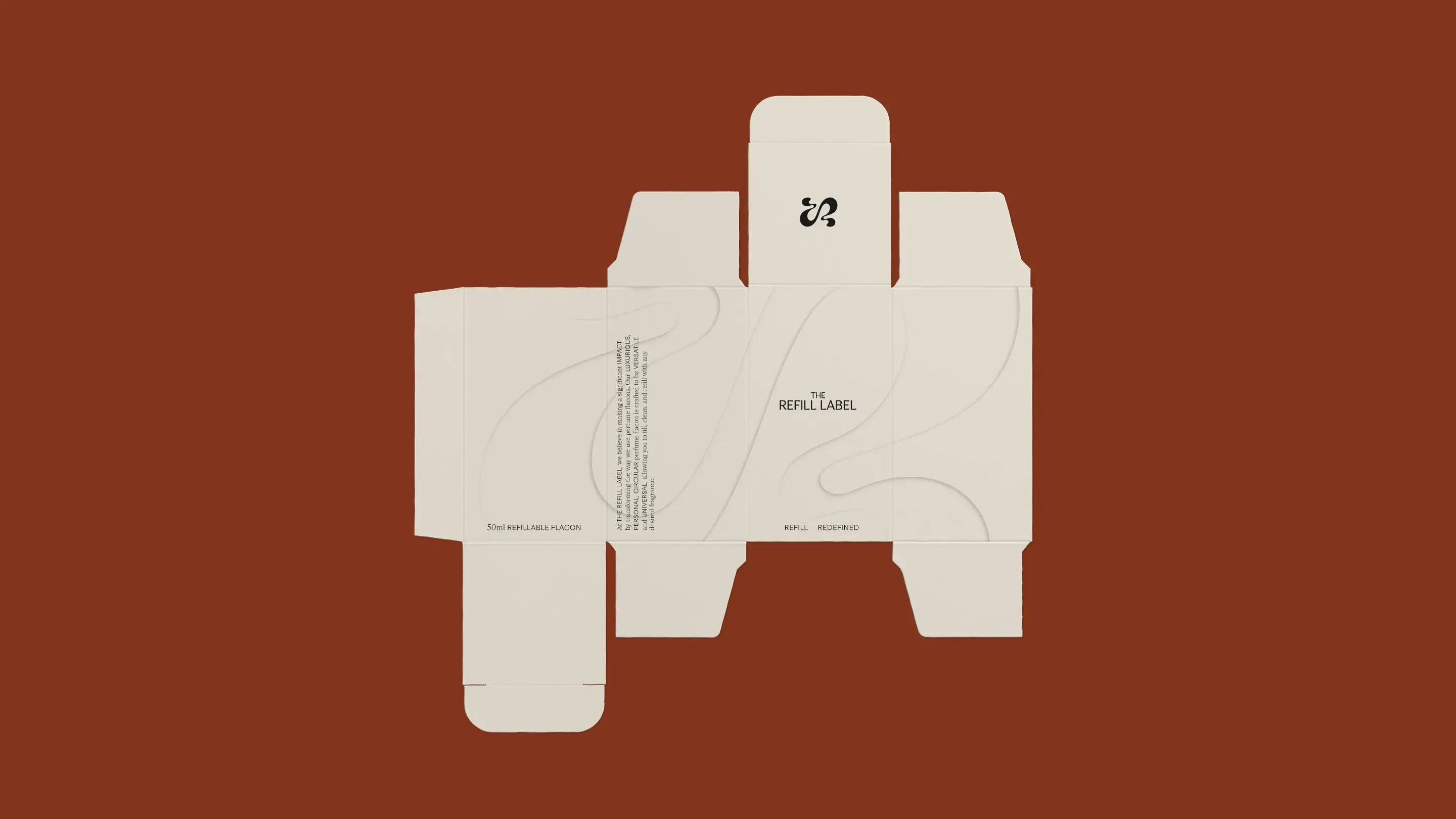 Dark red background with packaging design for The Refill Label