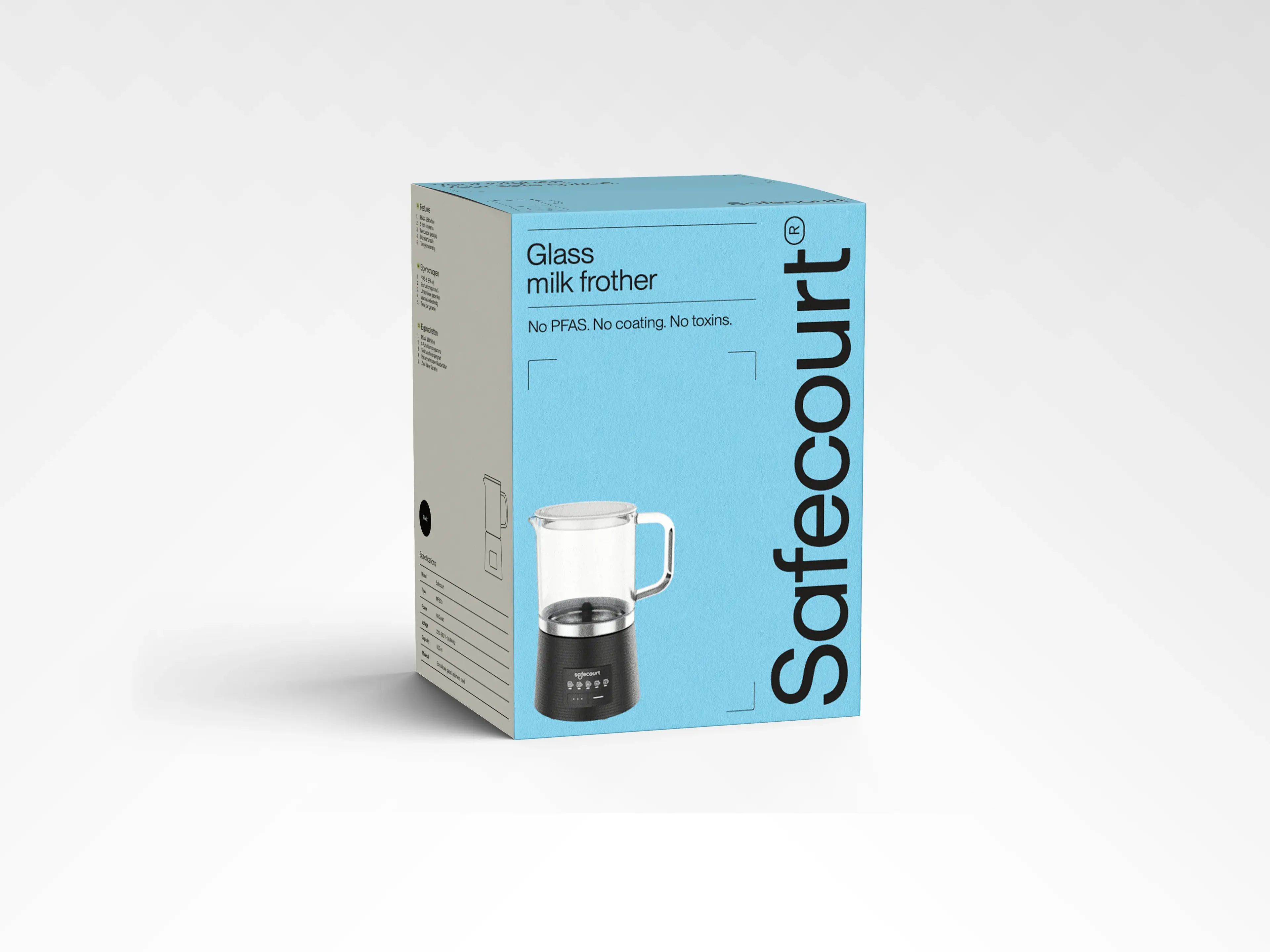 Safecourt blue packaging box with picture of a milk frother