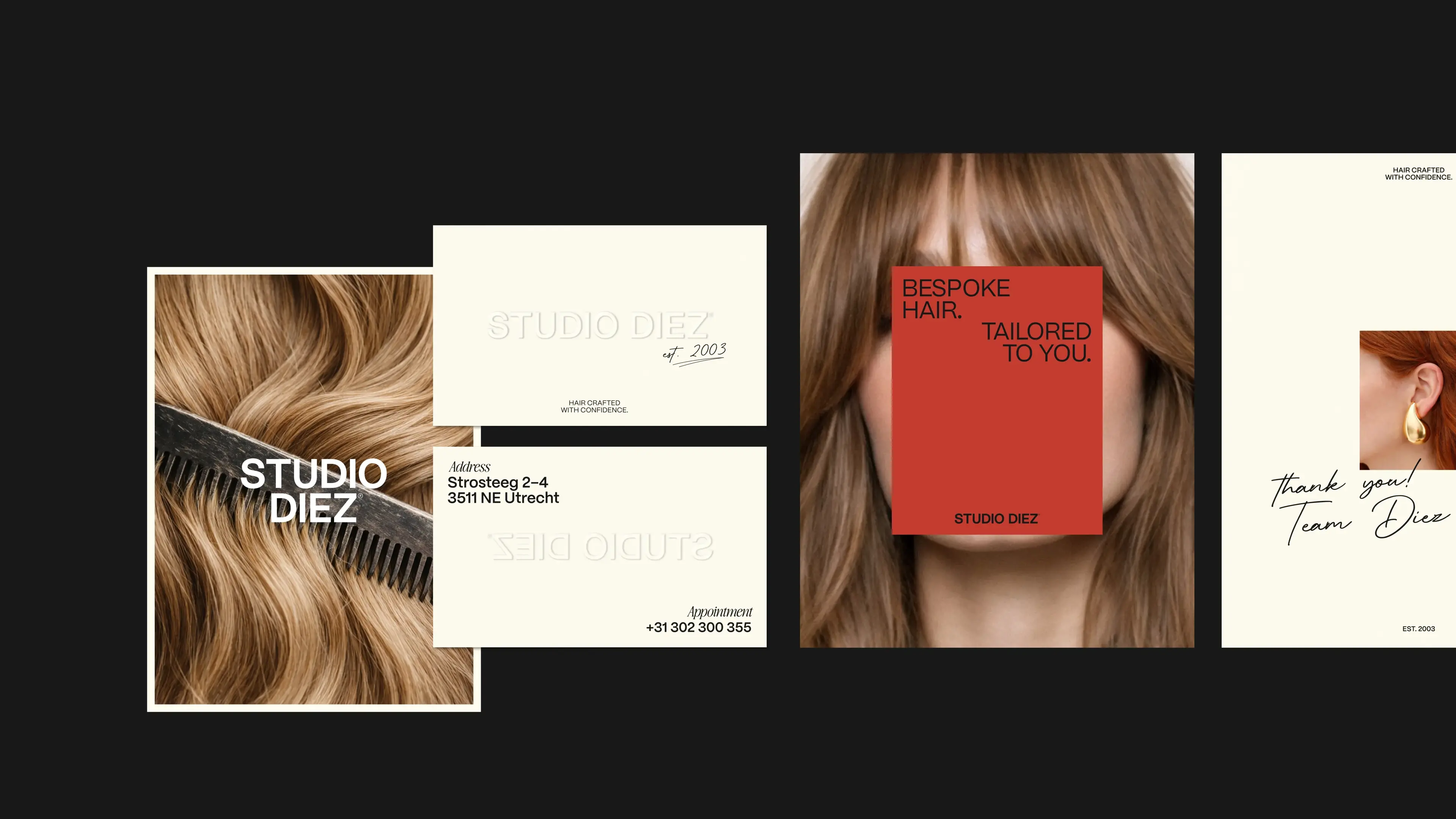 Studio Diez promotional materials showcase a luxurious blonde hairstyle, contact details, and elegant brand messaging on a black background.