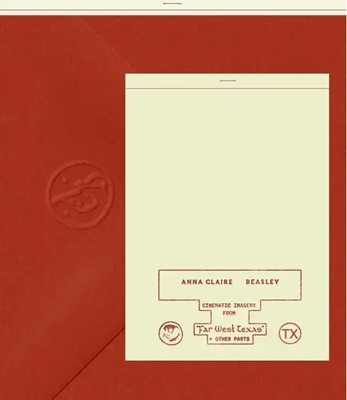 Red envelope with embossed logo and a beige card. Text on card: "Anna Claire Beasley, Cinematic Imagery from Far West Texas & Other Parts."